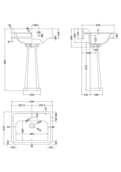 Fairford Hexam 600mm 1TH Basin and Full Pedestal