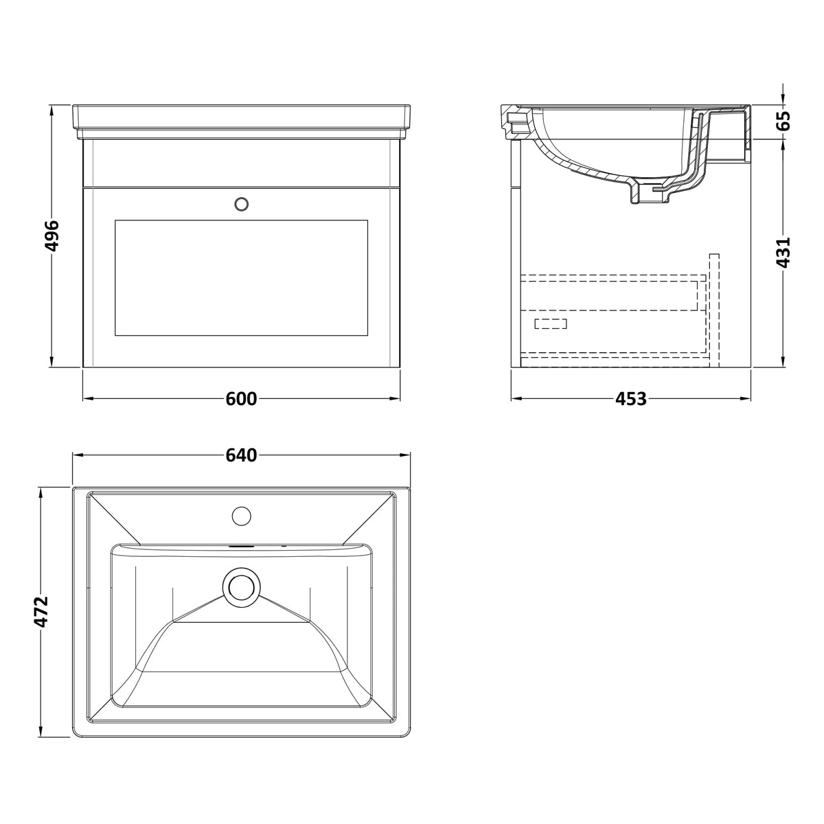 Fairford Laurel 2.0 600mm Wall Hung Satin White Vanity Unit - 1 Tap Hole