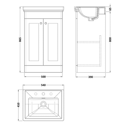 Fairford Laurel 2.0 500mm Floor Standing Satin Grey Vanity Unit - 3 Tap Hole