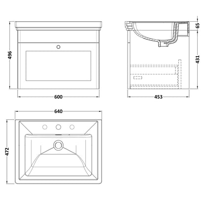 Fairford Laurel 2.0 600mm Wall Hung Satin Grey Vanity Unit - 3 Tap Hole