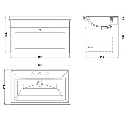 Fairford Laurel 2.0 800mm Wall Hung Satin Grey Vanity Unit - 3 Tap Hole