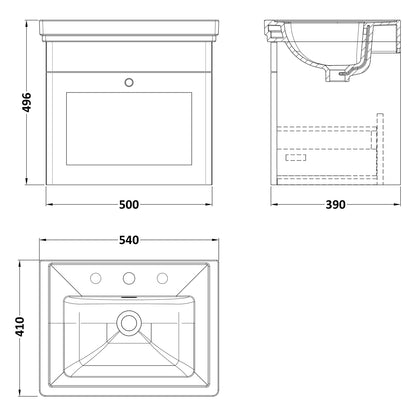 Fairford Laurel 2.0 500mm Wall Hung Satin Green Vanity Unit - 3 Tap Hole