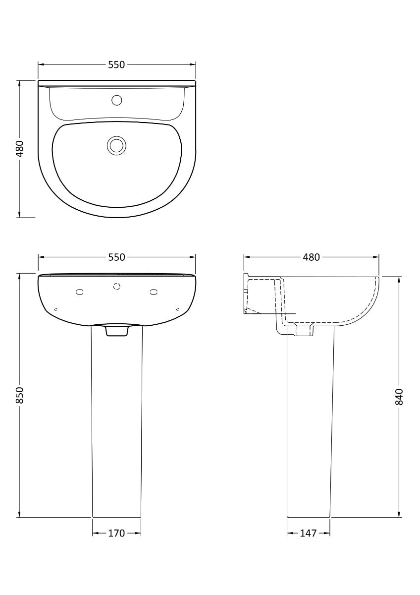 Fairford Kingsly 550mm 1 Tap Hole Basin with Full Pedestal