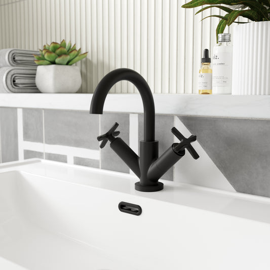 Fairford Verso Matt Black Basin Mixer with Push Button Waste