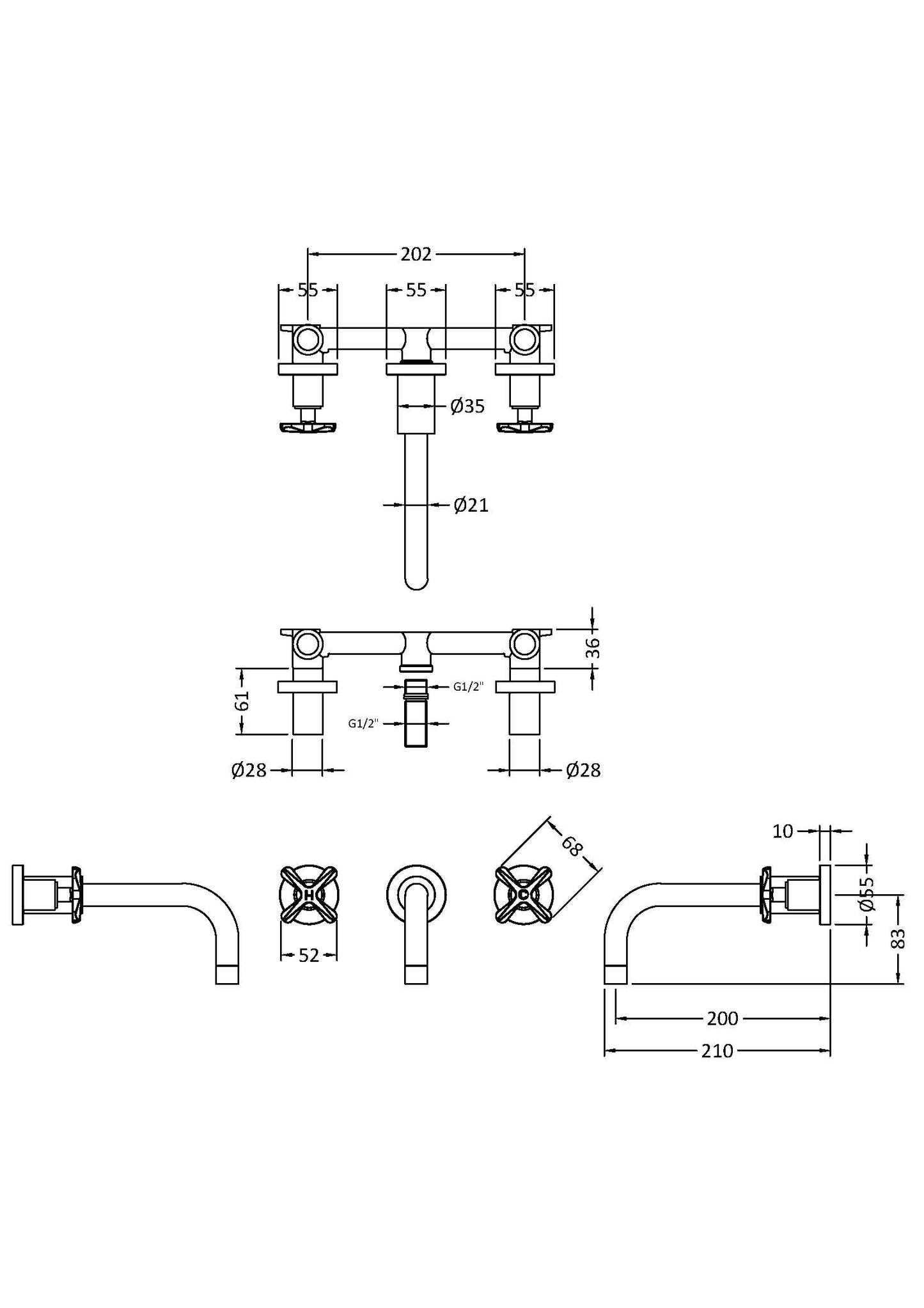 Fairford Verso Matt Black 3 Hole Wall Mounted Basin Mixer