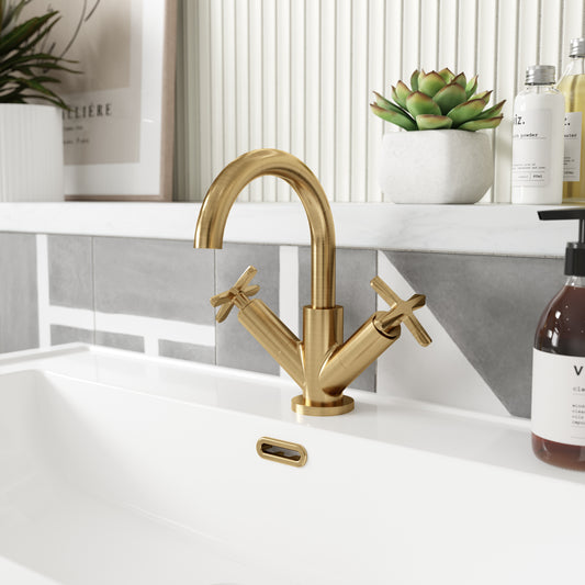 Fairford Verso Brushed Brass Basin Mixer with Push Button Waste