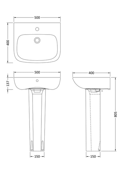 Fairford Roda 500mm 1 Tap Hole Basin with Full Pedestal