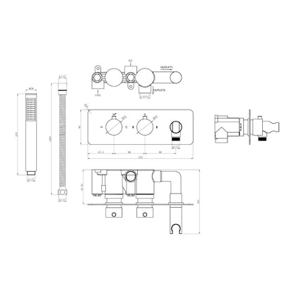 Fairford Element Chrome Round Twin Valve with Integrated Handset, 2 Outlet