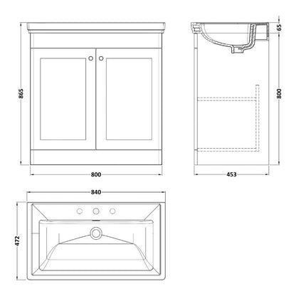 Fairford Laurel 800mm Floor Standing Satin Green Vanity Unit - 3 Tap Hole