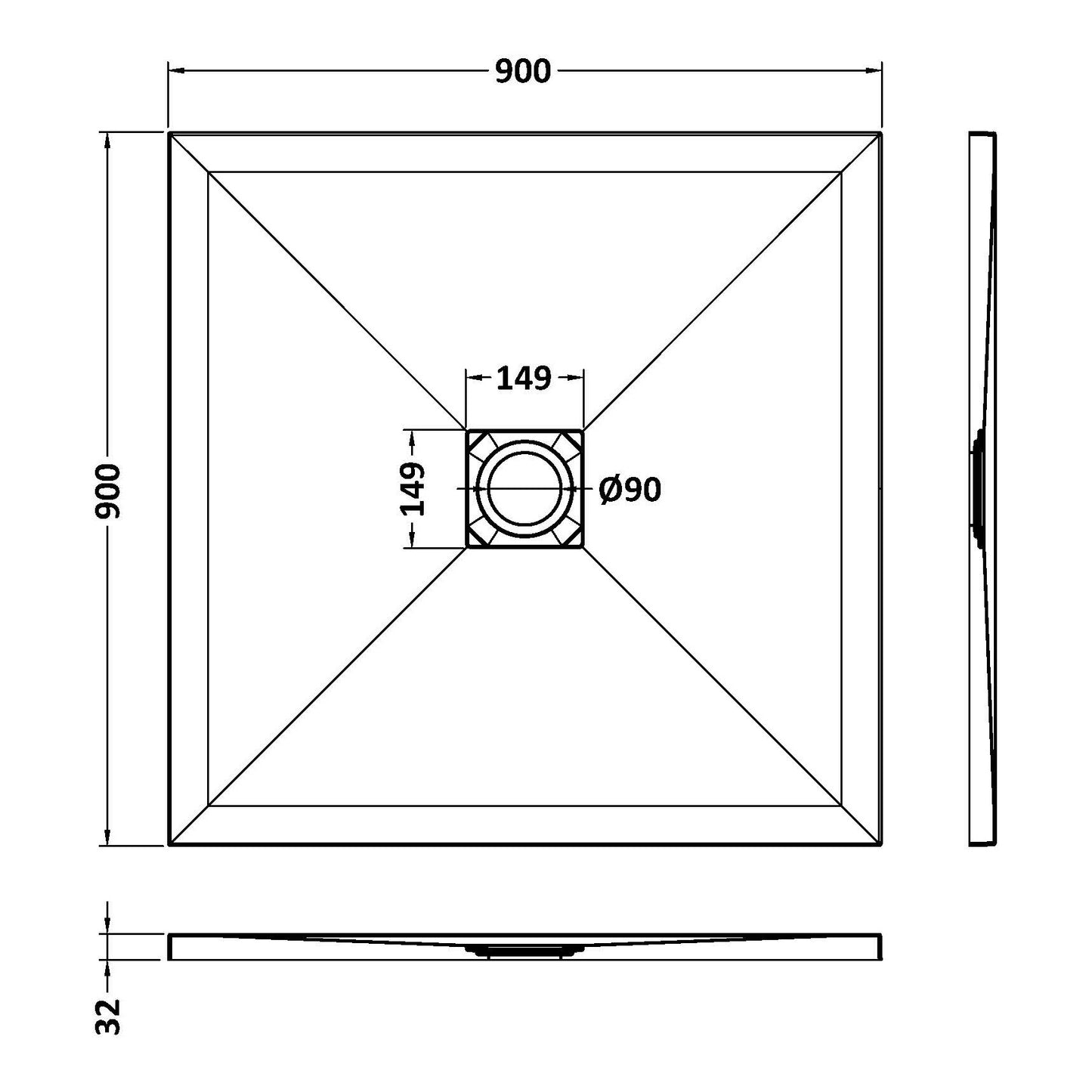 Fairford Square Black Slate Shower Tray, Center Waste-900mm x 900mm