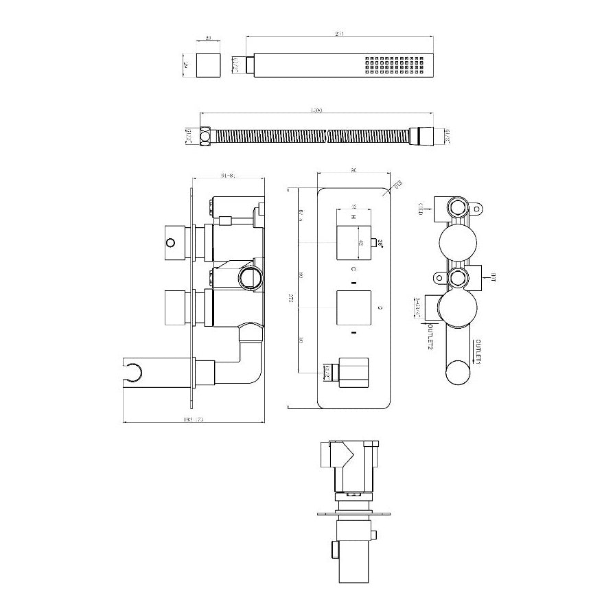 Fairford Una Chrome Square Twin Valve with Integrated Handset, 2 Outlet