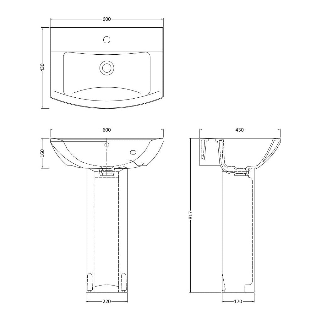 Fairford Nuna 600mm 1 Tap Hole Basin with Full Pedestal