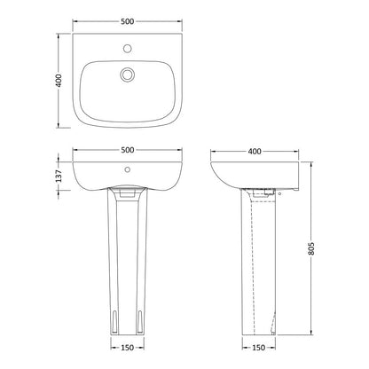 Fairford Roda 500mm 1 Tap Hole Basin with Full Pedestal