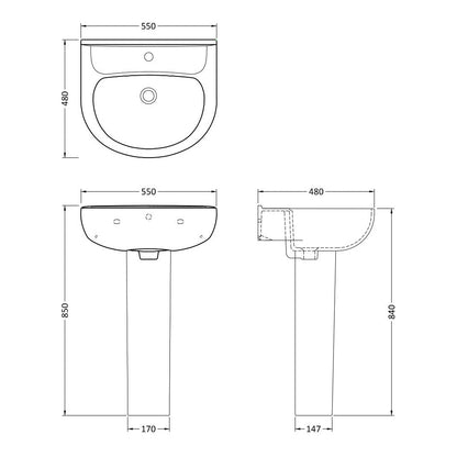 Fairford Kingsly 550mm 1 Tap Hole Basin with Full Pedestal