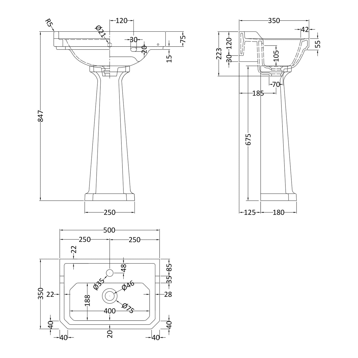 Fairford Hexam 500mm 1TH Basin and Full Pedestal