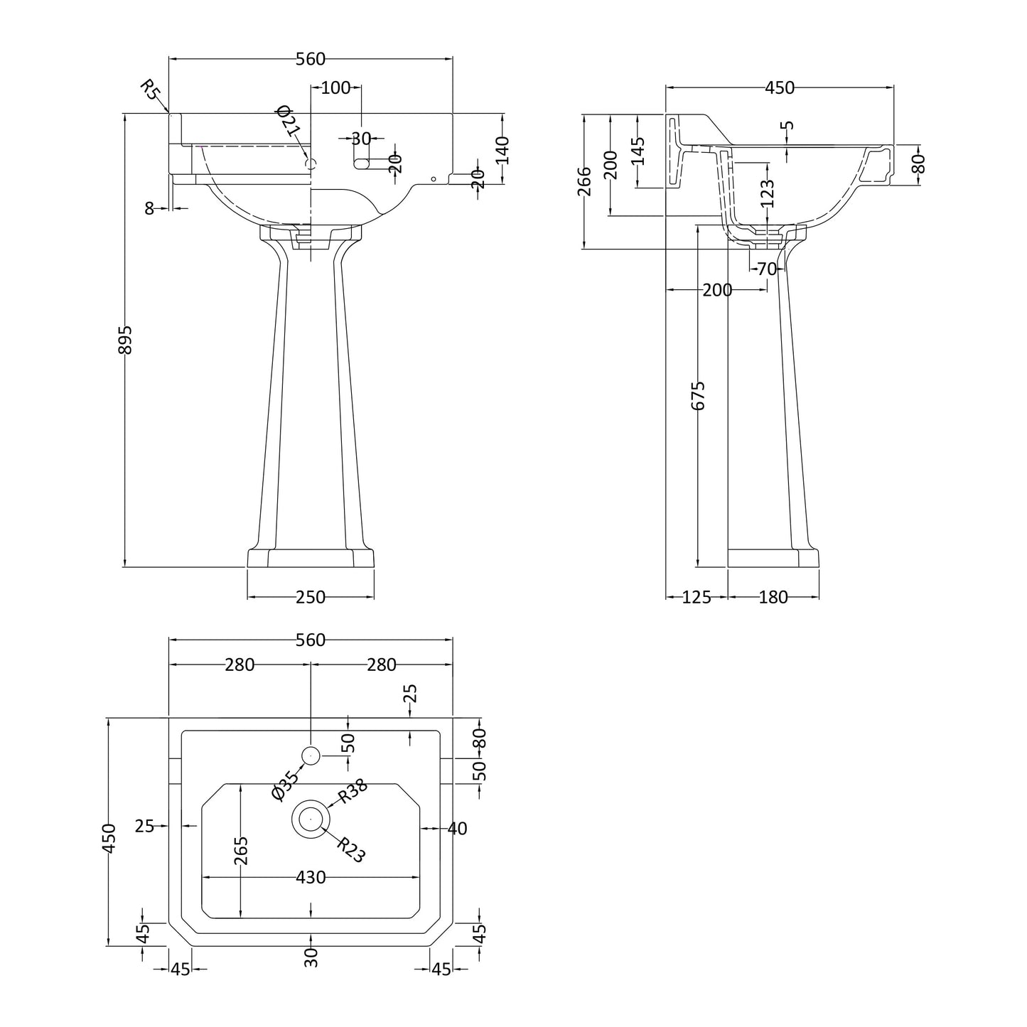 Fairford Hexam 560mm 1TH Basin and Full Pedestal