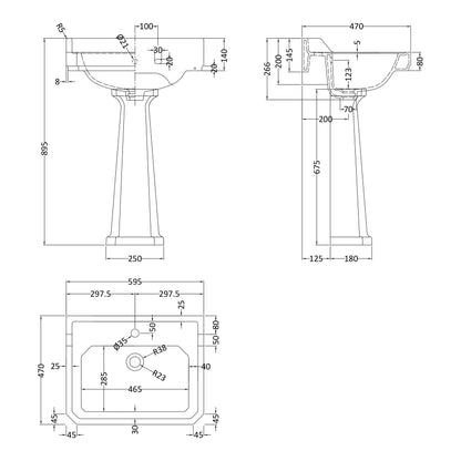 Fairford Hexam 600mm 1TH Basin and Full Pedestal