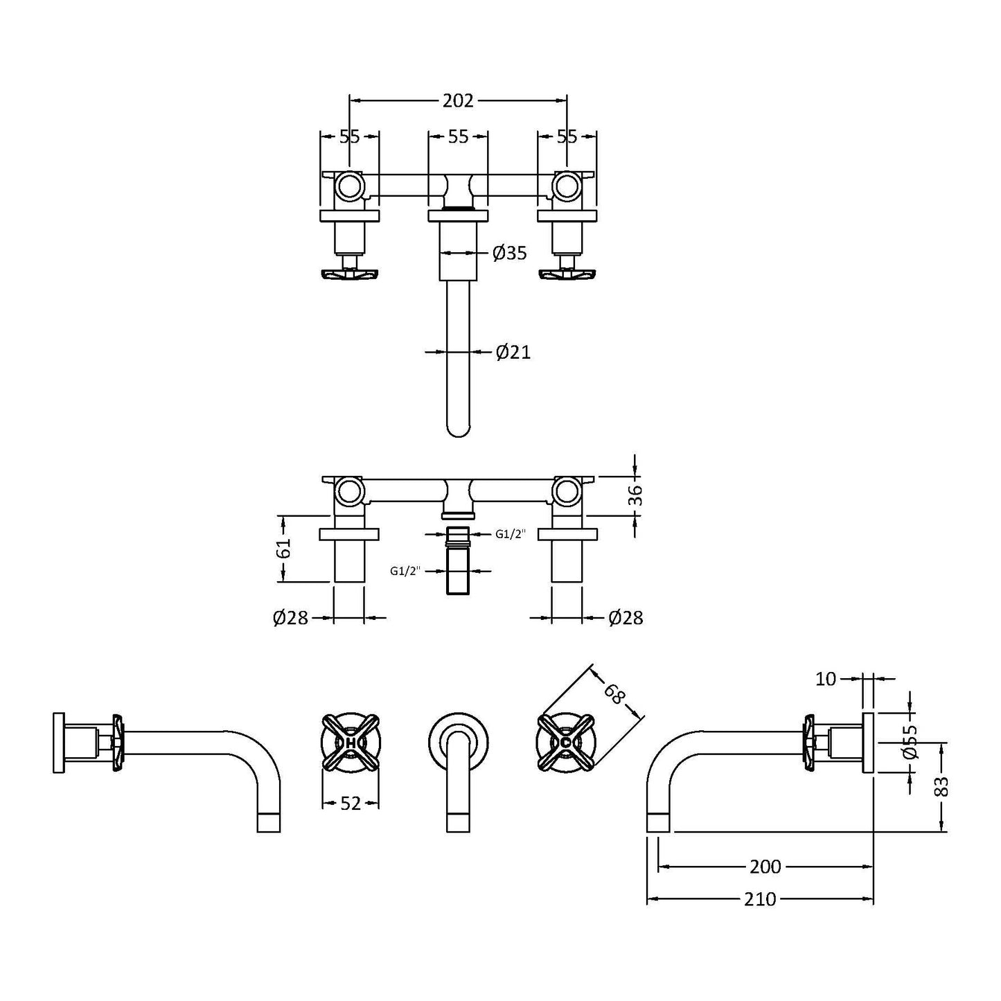 Fairford Verso 3 Hole Wall Mounted Basin Mixer