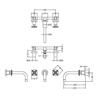 Fairford Verso 3 Hole Wall Mounted Basin Mixer