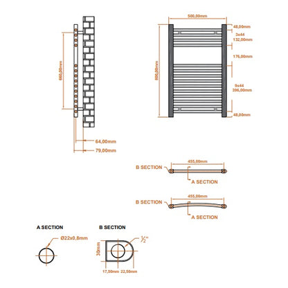 Fairford 500 x 800mm Straight Matt Black Towel Rail