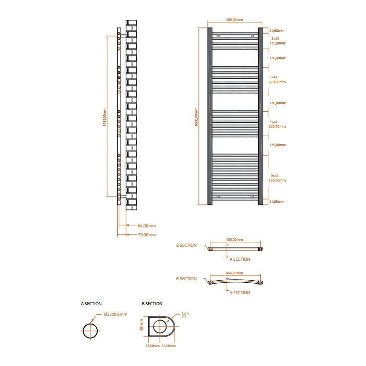 Fairford 400 x 1600mm Straight Matt Black Towel Rail