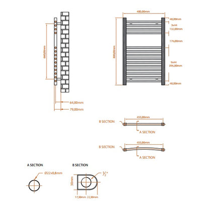 Fairford 400 x 800mm Straight Matt Black Towel Rail