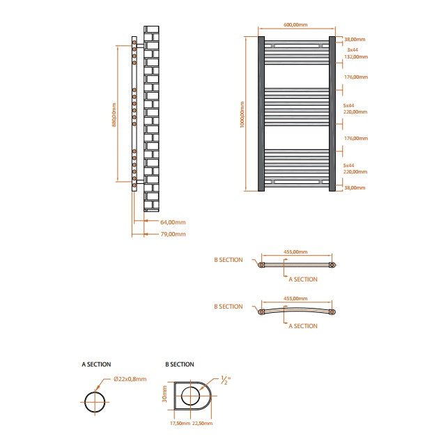Fairford 600 x 1000mm Straight Matt Black Towel Rail