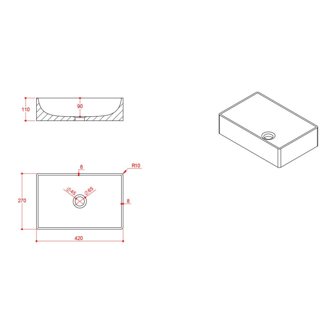 420 x 270mm Carrara Marble Rectangular Vessel