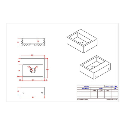 300 x 250mm 0 Tap Hole Wall Hung Basin
