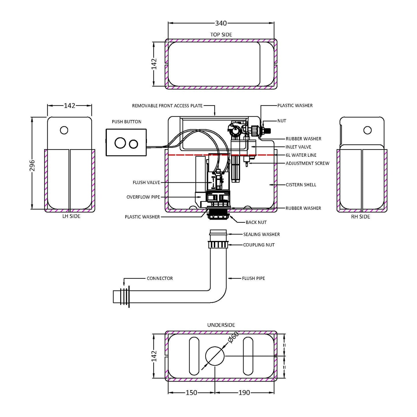 Fairford Filo Concealed Cistern with Matt Black Flush Button