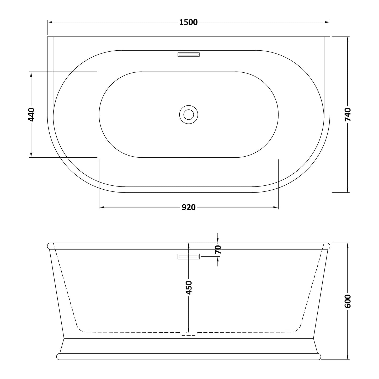 Fairford Farrara Back To Wall 1500 x 740 x 600mm Freestanding Bath