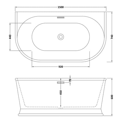 Fairford Farrara Back To Wall 1500 x 740 x 600mm Freestanding Bath