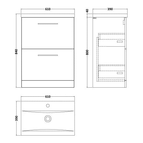 Fairford Aspri Satin Grey 600mm 2 Drawer Floorstanding Vanity Unit