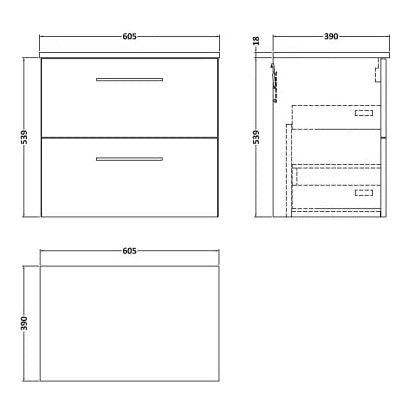 Fairford Aspri Gloss White 600mm 2 Drawer Wall Hung Vanity Unit with Worktop