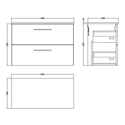 Fairford Aspri Soft Black 800mm 2 Drawer Wall Hung Vanity Unit with Worktop