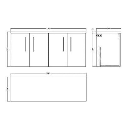 Fairford Aspri Grey Woodgrain 1200mm 4 Door Wall Hung Vanity Unit with Worktop