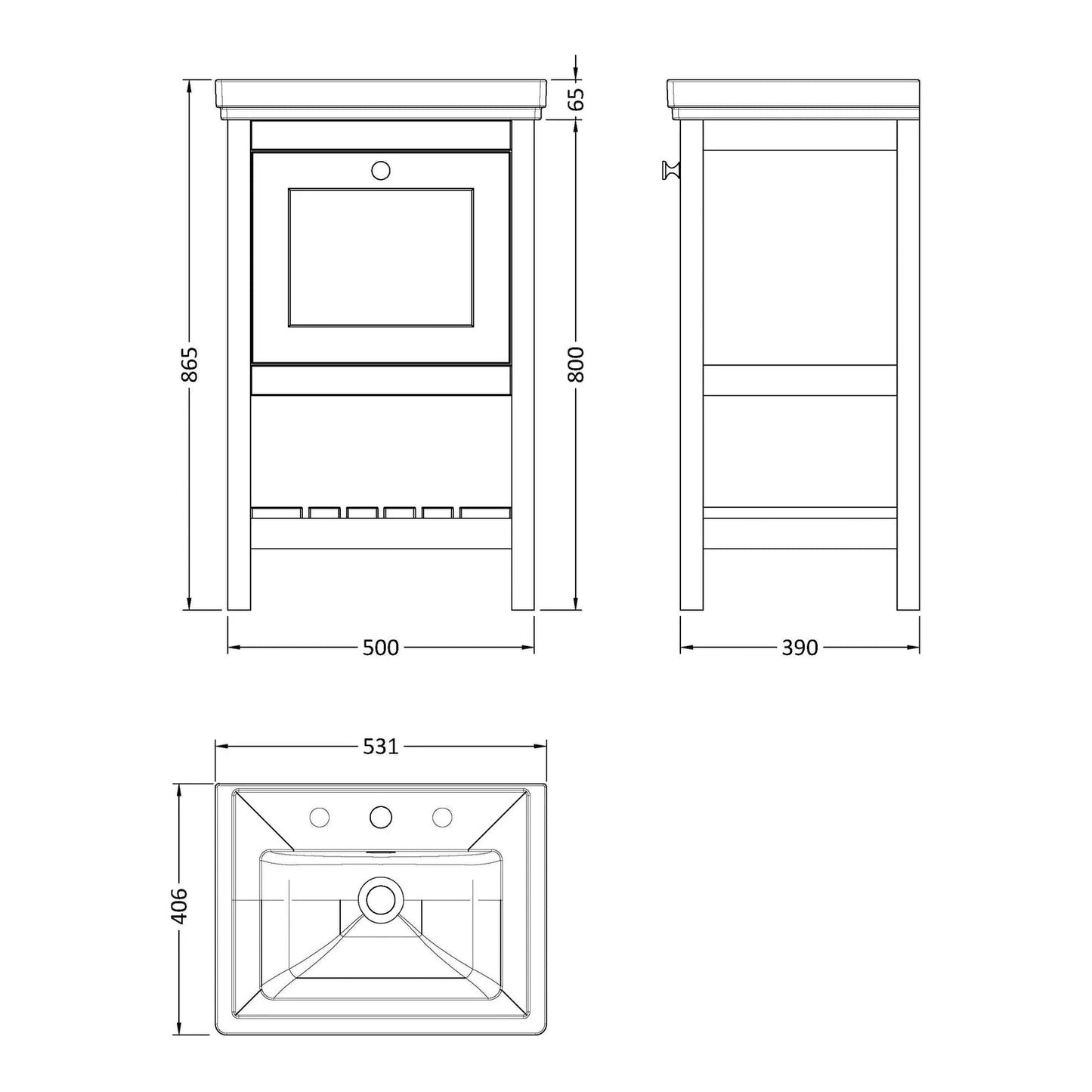 Fairford Juliette Satin White 500mm 1 Drawer Floorstanding Vanity Unit with 3 Tap Hole Basin