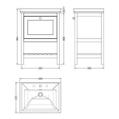 Fairford Juliette Satin Grey 600mm 1 Drawer Floorstanding Vanity Unit with 3 Tap Hole Basin