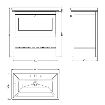 Fairford Juliette Satin White 800mm 1 Drawer Floorstanding Vanity Unit with 3 Tap Hole Basin