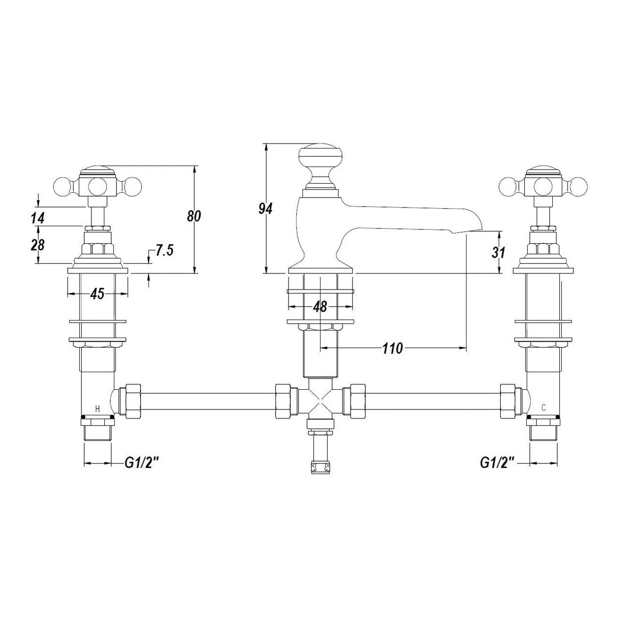 Fairford Winchester Brushed Brass 3 Basin Mixer with Waste