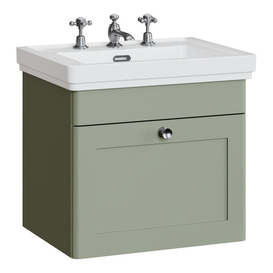 Fairford Laurel 500mm Wall Hung Satin Green Vanity Unit - 3 Tap Hole