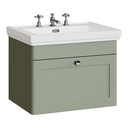 Fairford Laurel 600mm Wall Hung Satin Green Vanity Unit - 3 Tap Hole