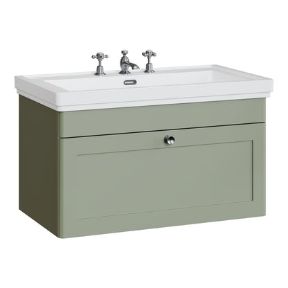 Fairford Laurel 800mm Wall Hung Satin Green Vanity Unit - 3 Tap Hole