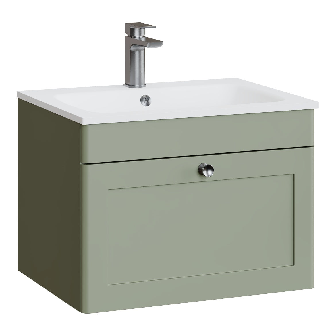Fairford Laurel Satin Green 600mm 1 Drawer Wall Hung Vanity Unit with Stone Basin