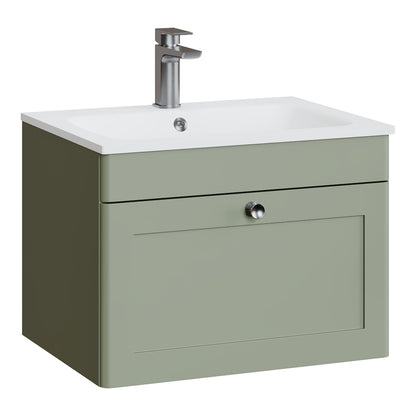 Fairford Laurel Satin Green 600mm 1 Drawer Wall Hung Vanity Unit with Stone Basin