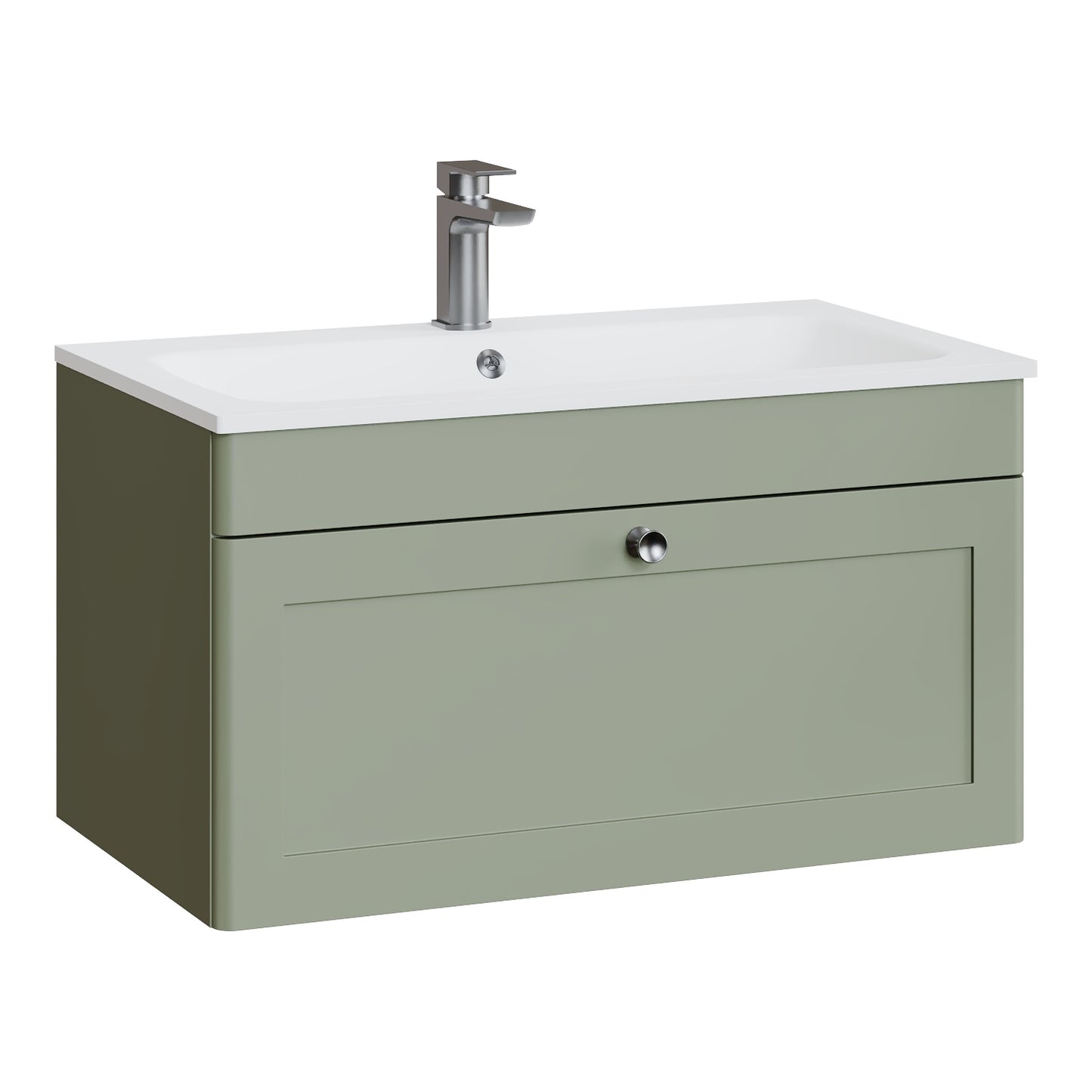 Fairford Laurel Satin Green 800mm 1 Drawer Wall Hung Vanity Unit with Stone Basin
