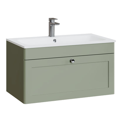 Fairford Laurel Satin Green 800mm 1 Drawer Wall Hung Vanity Unit with Stone Basin