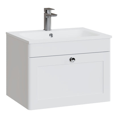 Fairford Laurel Satin White 600mm 1 Drawer Wall Hung Vanity Unit with Stone Basin