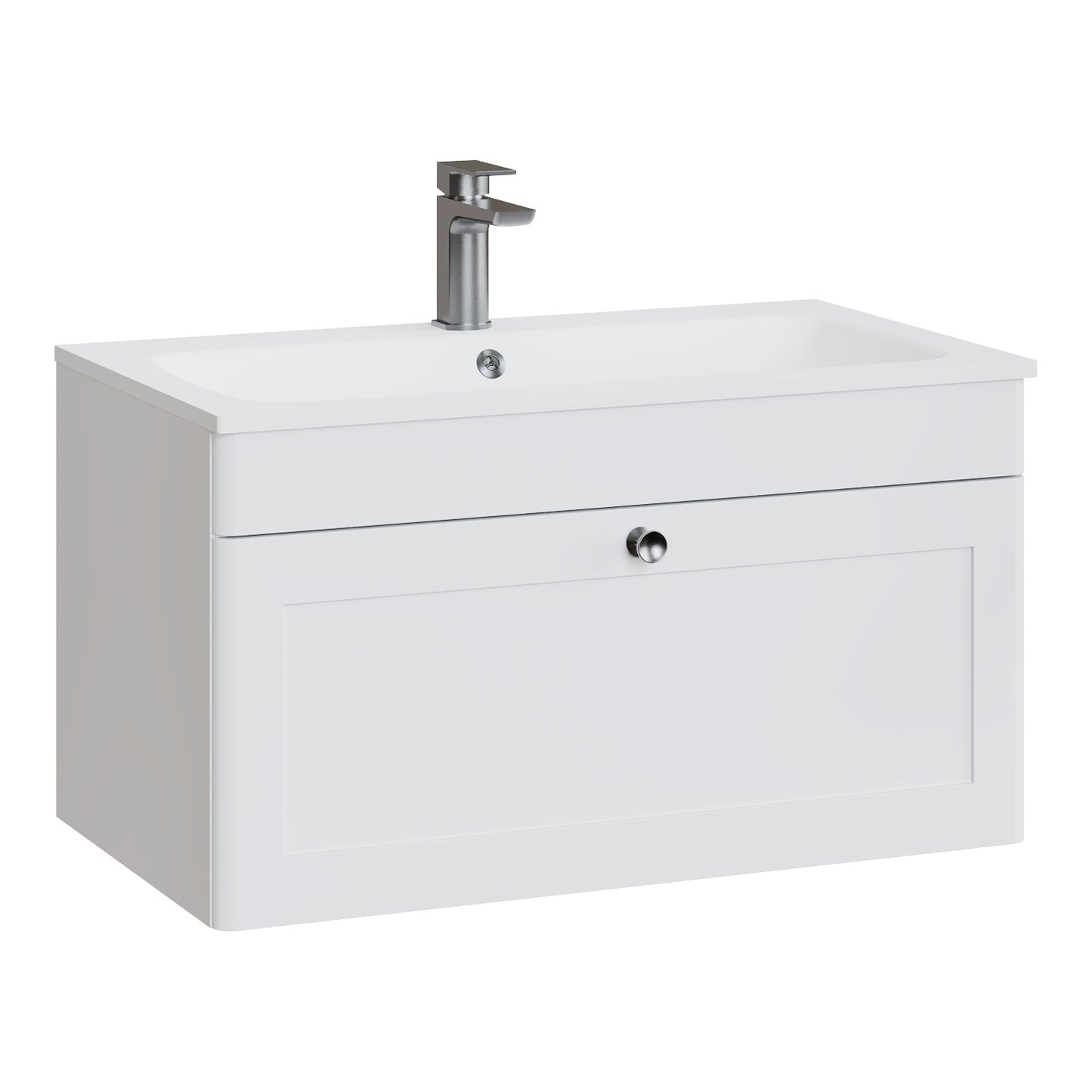 Fairford Laurel Satin White 800mm 1 Drawer Wall Hung Vanity Unit with Stone Basin