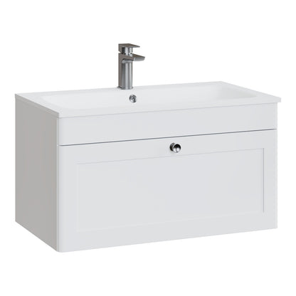 Fairford Laurel Satin White 800mm 1 Drawer Wall Hung Vanity Unit with Stone Basin